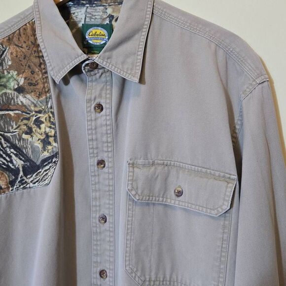 Cabelas Mens Shooting Shirt L Tall Button Up Quilted Shoulder Camo Tan Canvas - Picture 5 of 14